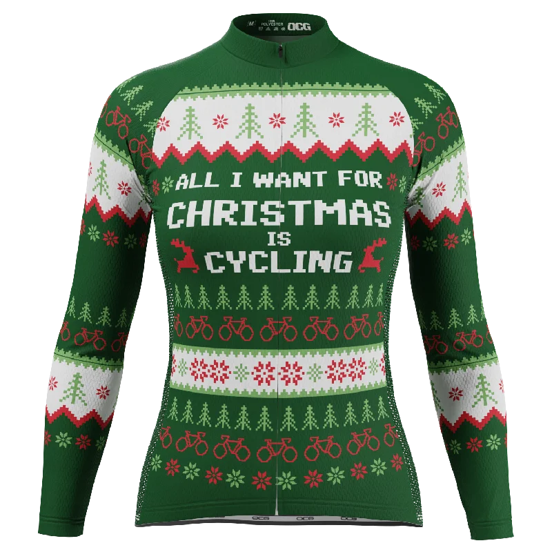 Women's All I Want For Christmas Long Sleeve Cycling Jersey Mint Green Jersey Tee