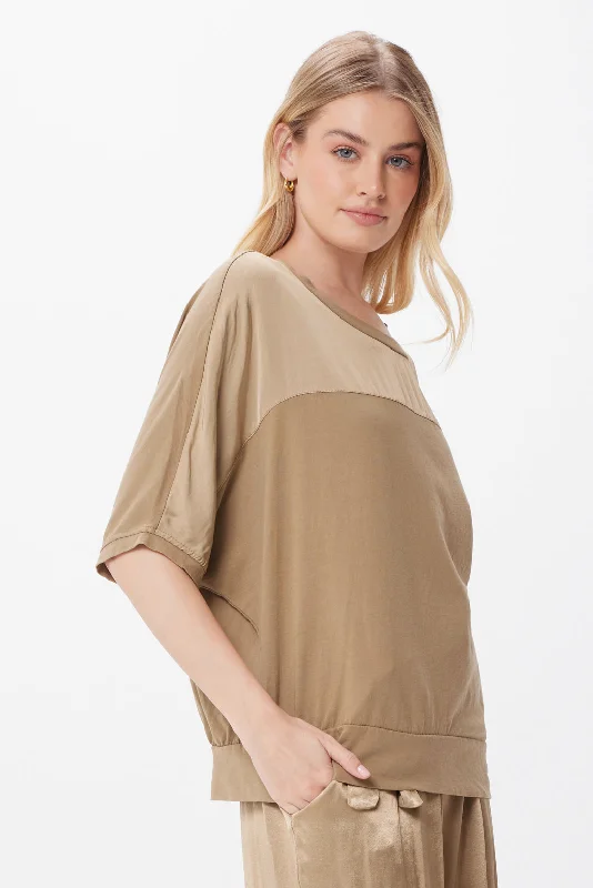 Suzy D Mottie Satin & Jersey Top - Champagne Stylish Jersey Top