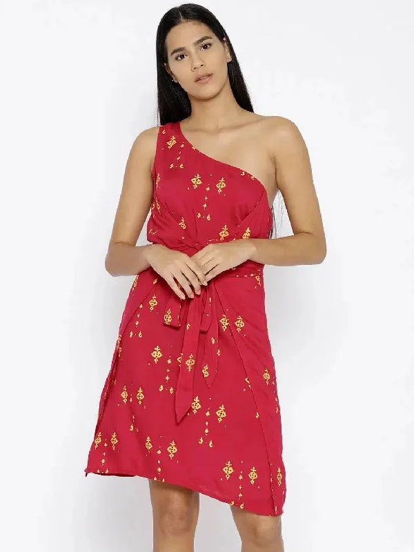 One shoulder overlap cross tie Printed Dress in Red Tunics Fall fleece