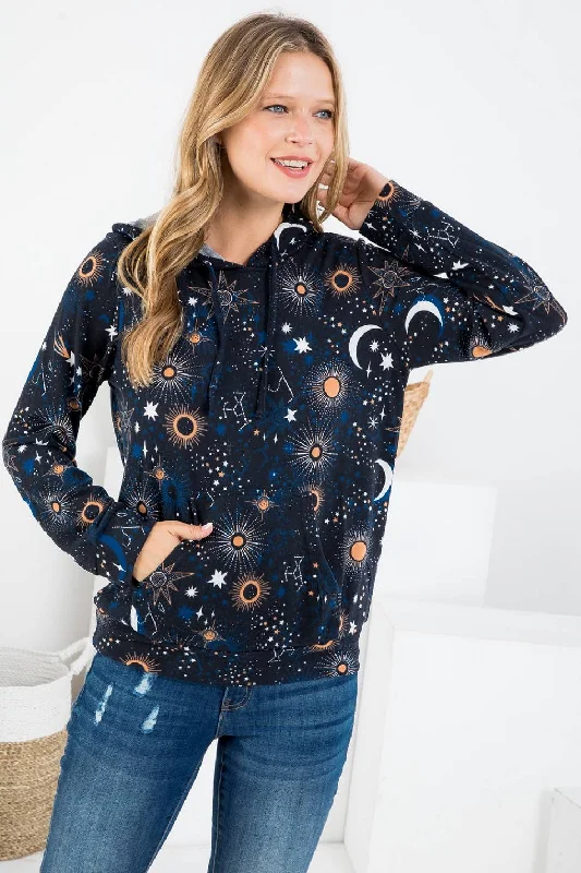 Celestial Print Hoodie with Pocket Hoodie with Hem Detail Decorative Unique