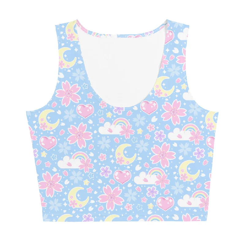 Cherry Blossom Dreams Blue Crop Top Summer Crop Top Casual Short Sleeve