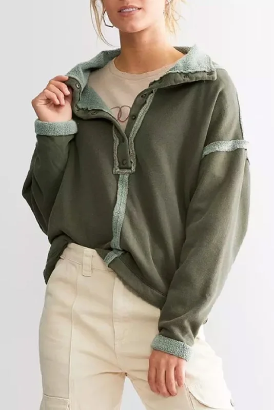 Hazel Blues® |  Exposed Seam Half Snap Long Sleeve Sweatshirt Hoodie with Color Block Contrast Stylish