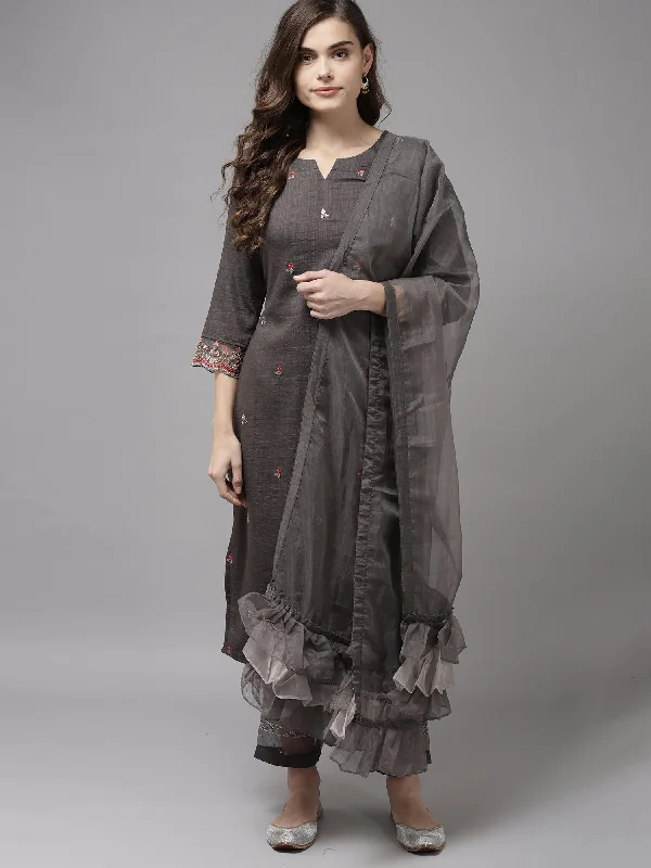 Women's Grey Embroidered Straight Kurta Trouser With Dupatta Set - Indo Era Trousers Leather Faux Women's Grey Embroidered Straight Kurta Trouser With Dupatta Set - Indo Era Trousers Leather Faux
