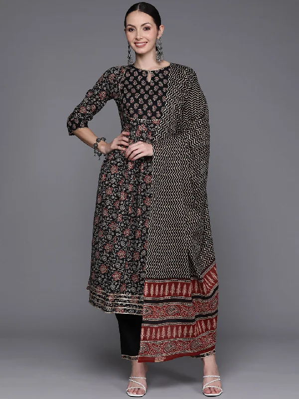 Women's Black Printed A-Line Kurta Trousers With Dupatta Set - Indo Era Trousers Velvet Soft Women's Black Printed A-Line Kurta Trousers With Dupatta Set - Indo Era Trousers Velvet Soft