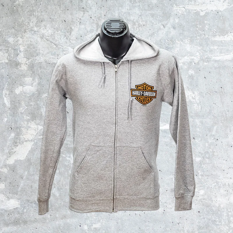 Wild Fire Harley Davidson-Gray Zip Up Hoodie with Skeleton and V-Twin Motor Hoodie with Print Artistic Unique
