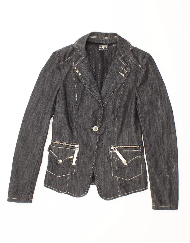 VINTAGE Womens Denim Jacket UK 10 Small Black Cotton Knit Jacket Woven Jacket Fleece Jacket VINTAGE Womens Denim Jacket UK 10 Small Black Cotton Knit Jacket Woven Jacket Fleece Jacket