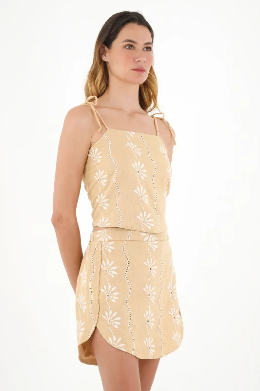 Women's Brown Embroidered Skirt ribbed skirt waist