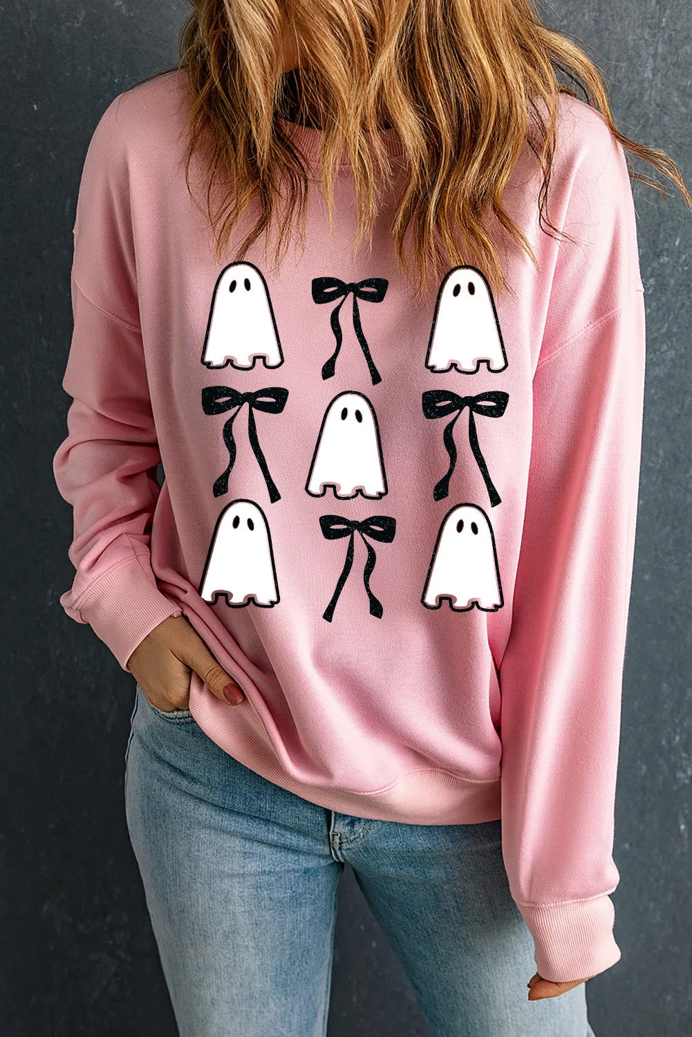 Hazel Blues® |  Ghost & Bow Round Neck Long Sleeve Sweatshirt Hoodie with Contrast Stitching Detailed Premium