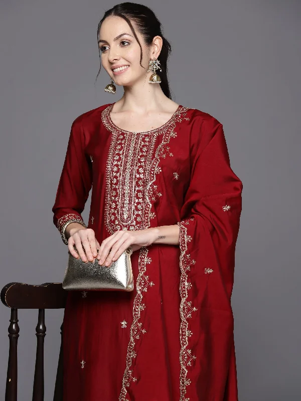 Women's Maroon Embroidered Straight Kurta Trousers With Dupatta  Set - Indo Era Cropped Trousers Casual Linen