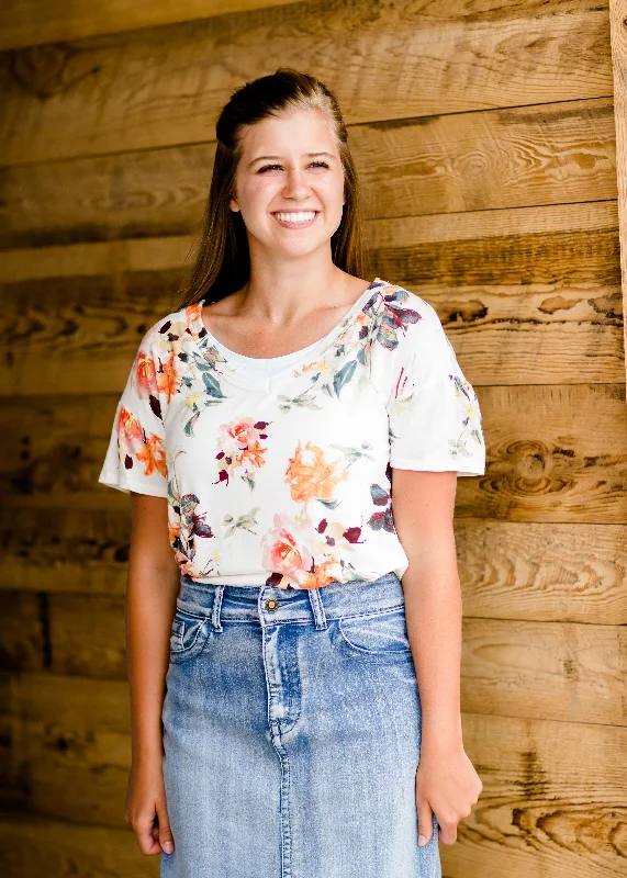 Jersey Sweet Floral Tee Boat Neck Jersey Shirt
