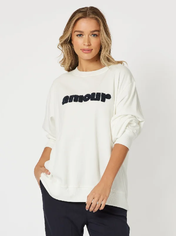 Amour Sweatshirt - White Hoodie with Drawcord Adjustable Secure
