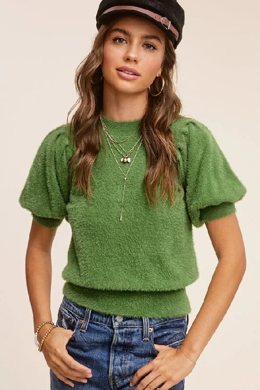 La Miel Puff Short Sleeve Soft Fuzzy Sweater in Sangria Mesh Blend Leather Blend Suede Blend