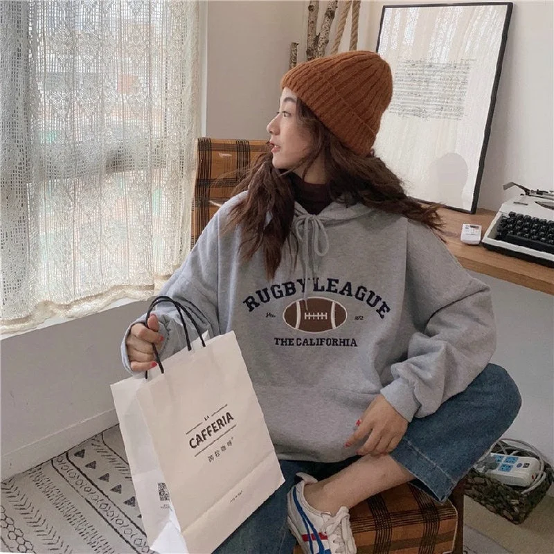 Hooded Sweatshirt Womens Korean Fashion Pullover Casual Hoodies Long Sleeve Streetwear Loose Oversized Aesthetic Fall 2021 Women Hoodie with Frayed Bohemian Relaxed