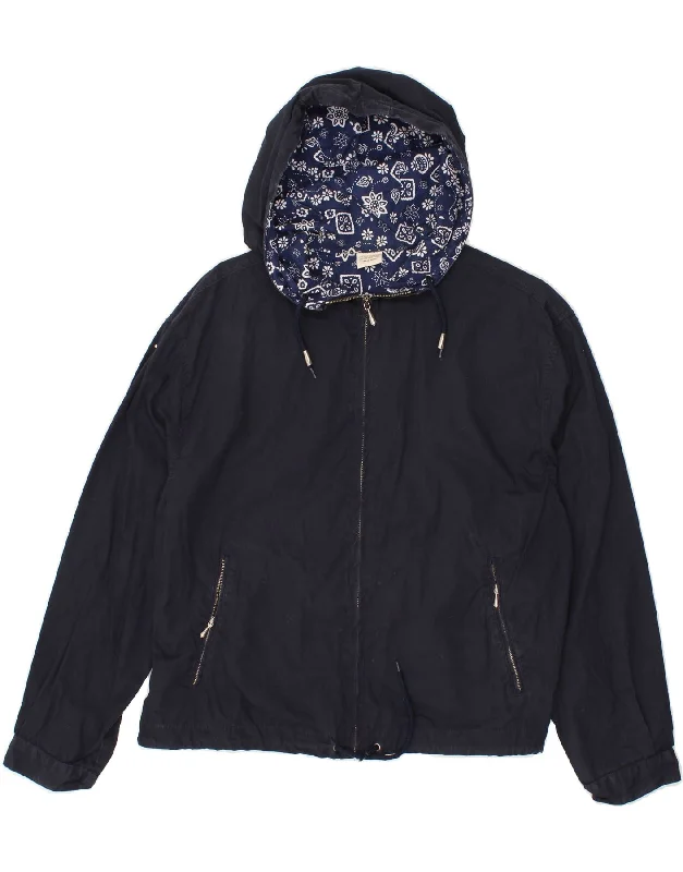 BENETTON Womens Hooded Rain Jacket IT 44 Medium Navy Blue Cotton Notch Collar Peter Pan Collar Cowl Neck BENETTON Womens Hooded Rain Jacket IT 44 Medium Navy Blue Cotton Notch Collar Peter Pan Collar Cowl Neck