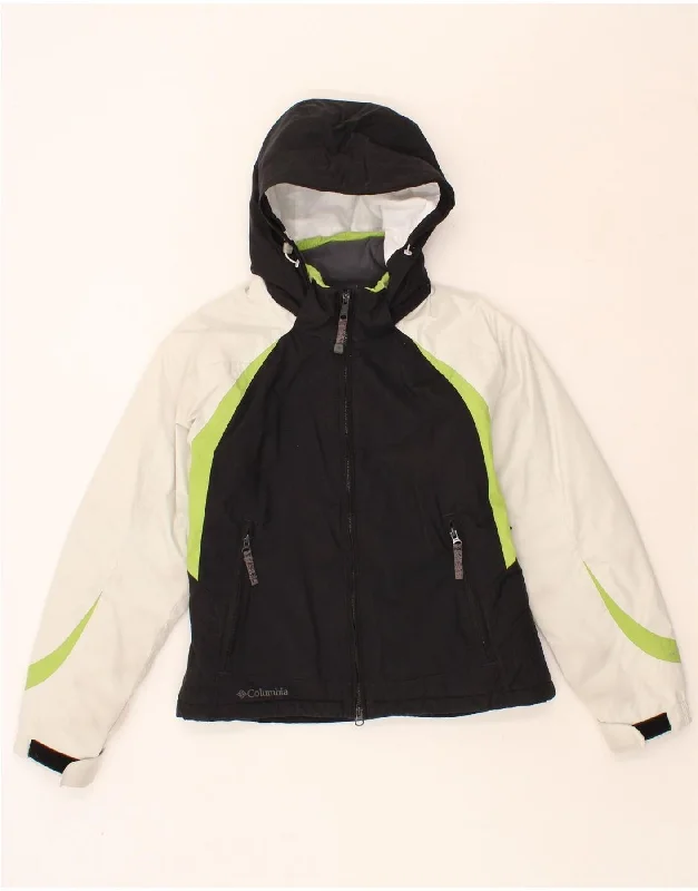 COLUMBIA Womens Hooded Windbreaker Jacket UK 14 Medium Black Colourblock Embroidered Jacket Appliqued Jacket Beaded Jacket COLUMBIA Womens Hooded Windbreaker Jacket UK 14 Medium Black Colourblock Embroidered Jacket Appliqued Jacket Beaded Jacket