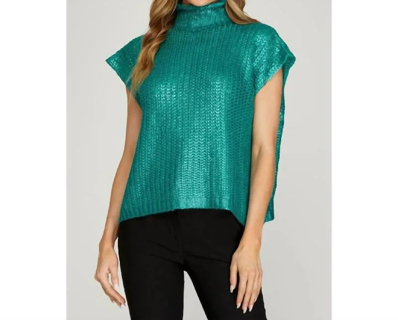 Metallic Foiled Sweater Top In Emerald Sequined Glittery Shiny