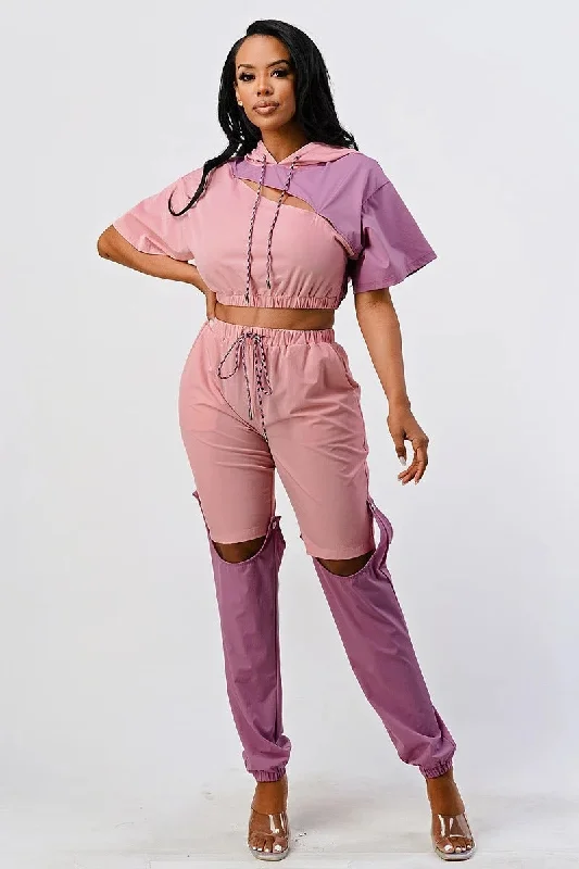 Pants Set In Color Block With Hoodie And Detachable Bottom Part Hoodie with Hem Raw Edge Edgy Unfinished
