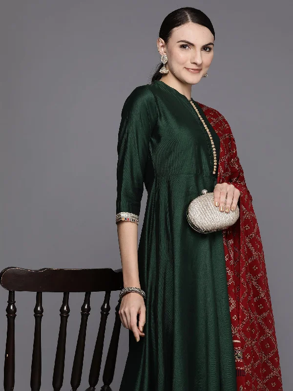Women's Green Solid A-Line Kurta Trousers With Dupatta Set - Indo Era Trousers Leather Faux