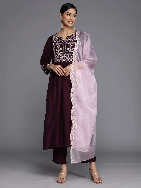 Women's Wine Embroidered Straight Kurta Trousers With Dupatta Set - Indo Era Trousers Capri Summer Women's Wine Embroidered Straight Kurta Trousers With Dupatta Set - Indo Era Trousers Capri Summer