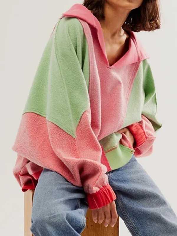 Hazel Blues® |  High-Low Exposed Seam Contrast Long Sleeve Sweatshirt Hoodie with Side Slits Relaxed Casual