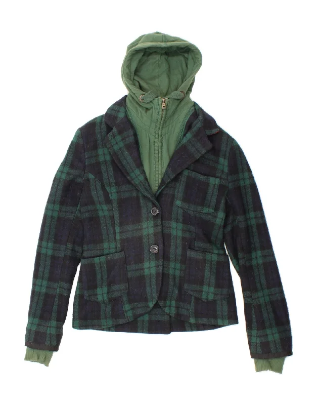 SUPERDRY Womens 2 Button Hooded Blazer Jacket UK 10 Small Navy Blue Check Welt Pockets Slit Pockets Flap Pockets SUPERDRY Womens 2 Button Hooded Blazer Jacket UK 10 Small Navy Blue Check Welt Pockets Slit Pockets Flap Pockets
