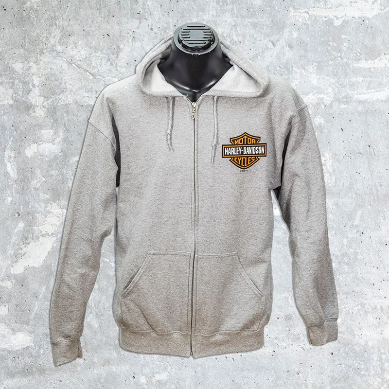 Wild Fire Harley Davidson- Gray Zip Up Hoodie with Text on Sleeve and Bar and Shield Hoodie with Embroidery Detailed Premium
