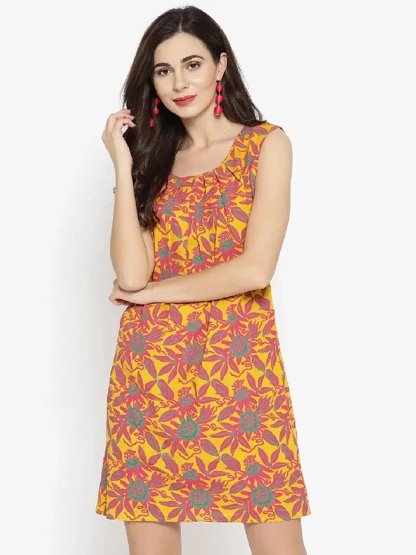 Pleated neck mini Shift Dress with print in Mustard Tunics Business professional