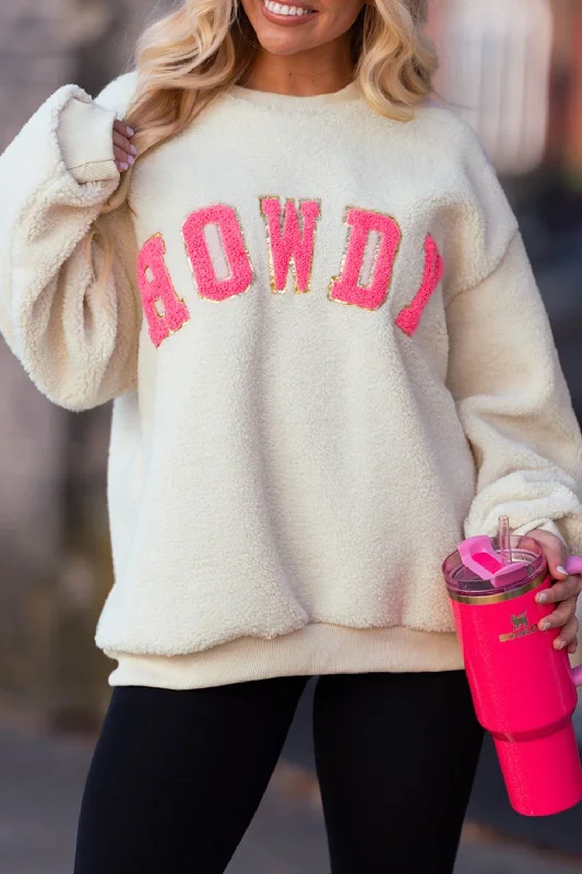 Hazel Blues® |  HOWDY Patched Round Neck Sherpa Sweatshirt Hoodie with Front Slit Layering Stylish