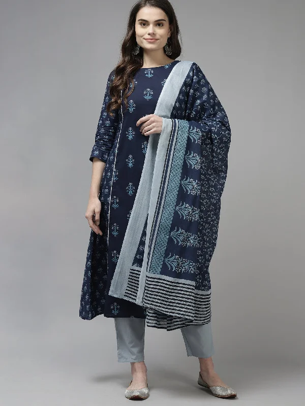 Women's Navy Blue Printed A-Line Kurta Trouser With Dupatta Set - Indo Era Trousers Solid Black Women's Navy Blue Printed A-Line Kurta Trouser With Dupatta Set - Indo Era Trousers Solid Black