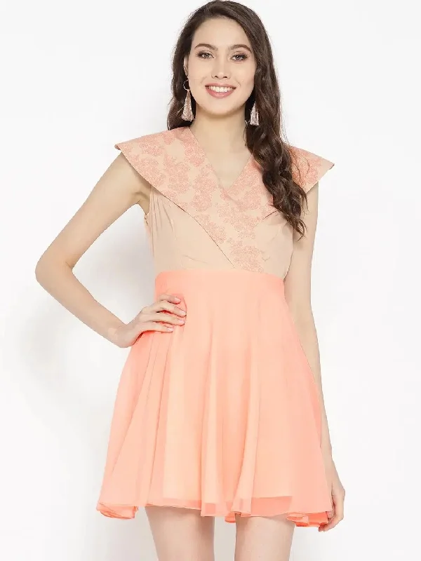 Broad collar with block print Skater Dress in Light peach Tunics Designer luxury
