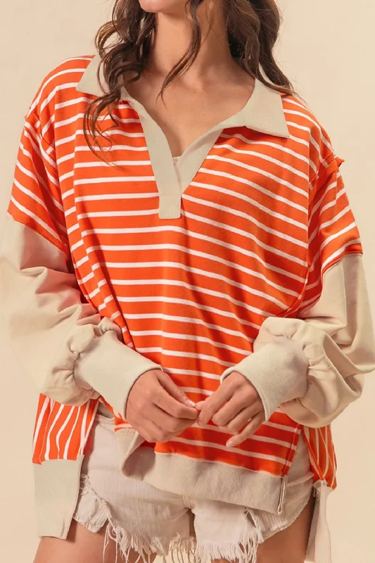 Hazel Blues® |  Striped Johnny Collar Long Sleeve Sweatshirt Hoodie with Pastel Soft Subtle