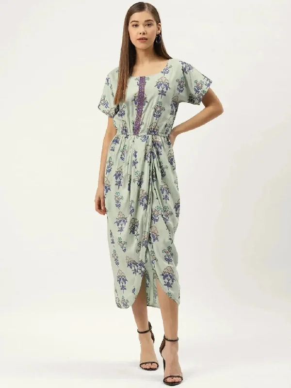 Gold Block Print Front Pleated side cowl dress in Pista Green Tunics New arrival