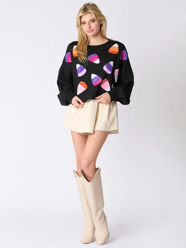 Halloween Candy Sequins Long Sleeve Casual Pullover Sweatshirt Hoodie with Batwing Sleeves Loose Dramatic
