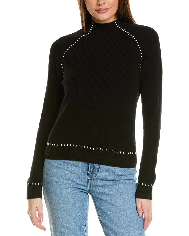 Amicale Cashmere Whipstitch Shaker Funnel Neck Cashmere Sweater Slim Fit Regular Fit Oversized