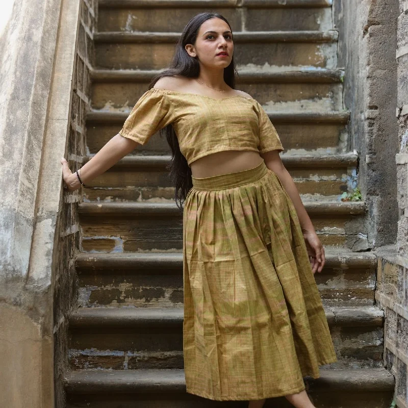 Light Mehendi Crop Top And Gathered Skirt | Soft Cotton | Festive Wear Beaded Sequined Faux Fur Light Mehendi Crop Top And Gathered Skirt | Soft Cotton | Festive Wear Beaded Sequined Faux Fur