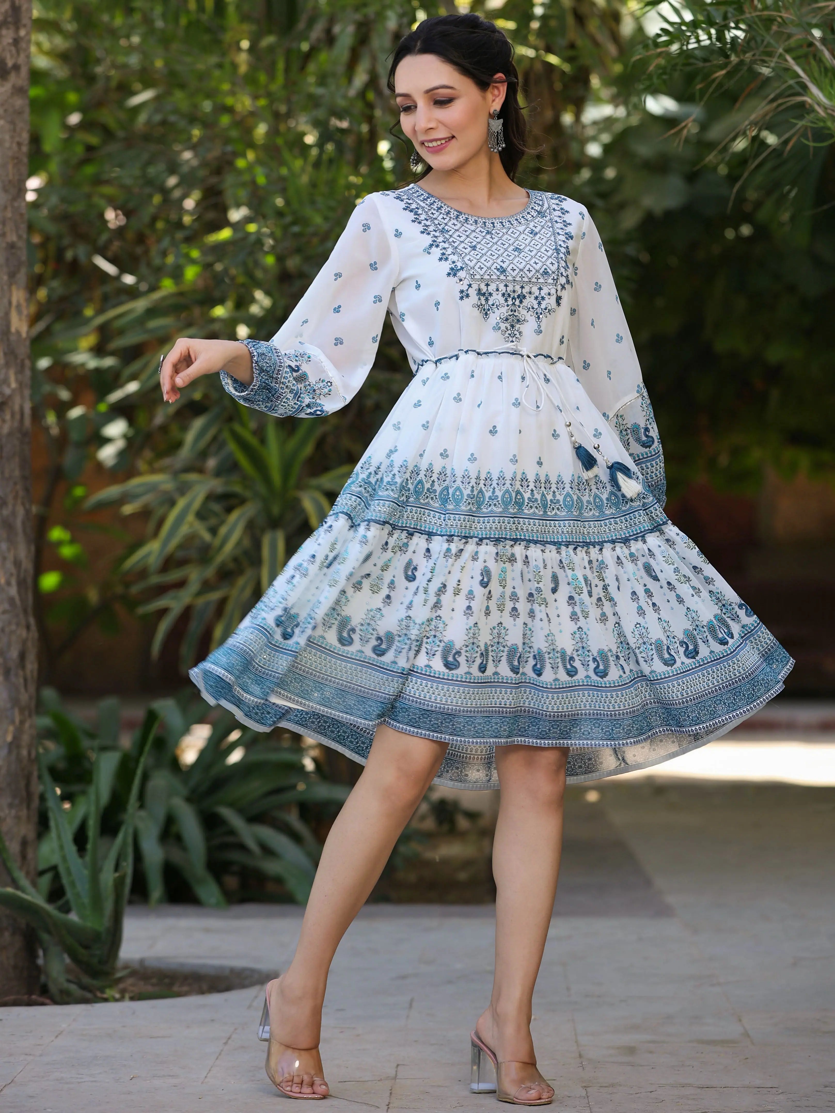 Juniper Women Off-White Georgette Printed Short Tiered Dress with Embroidered Yoke Tunics Summer linen