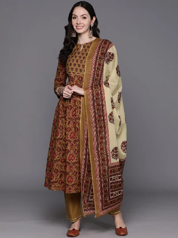 Women's Brown Printed A-Line Kurta Trousers With Dupatta Set - Indo Era Trousers Corduroy Warm Women's Brown Printed A-Line Kurta Trousers With Dupatta Set - Indo Era Trousers Corduroy Warm
