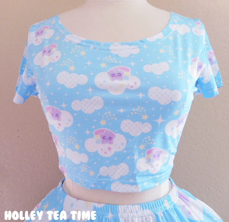 Shooting Star Clouds Blue Short Sleeve Crop Top [Made To Order] Mesh Blend Leather Blend Suede Blend