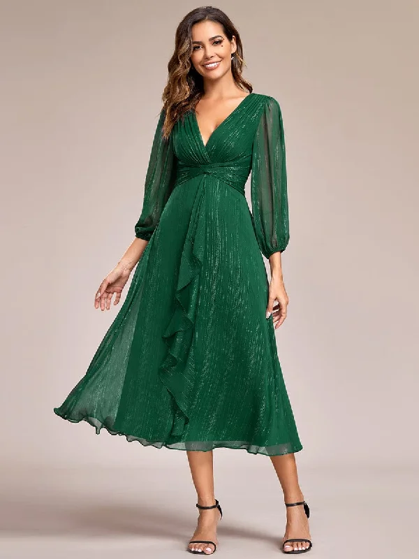 Glitter Twist Knot See-Through Long Sleeve Wedding Guest Dress Tunics Trendy modern