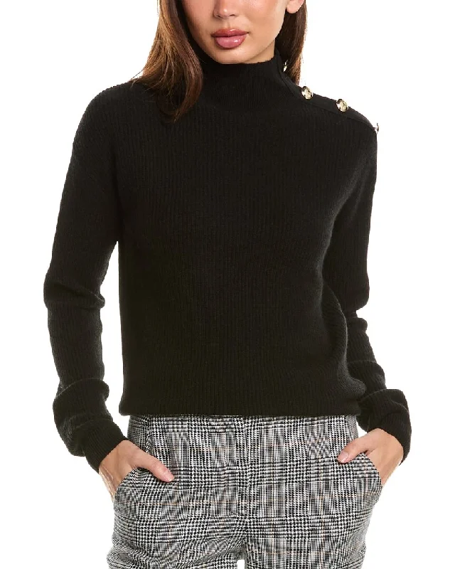 Bruno Magli Rib Button Shoulder Mock Nek Cashmere Sweater Solid Color Striped Floral Print
