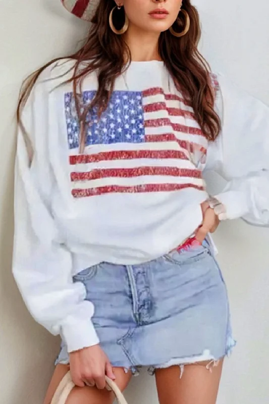 Hazel Blues® |  US Flag Round Neck Long Sleeve Sweatshirt Hoodie with Monochrome Minimalist Simple