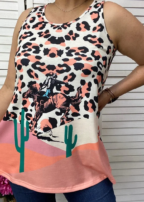 XCH12425 Cowboy riding horse leopard&cactus multi color printed women tank top seamless tank top