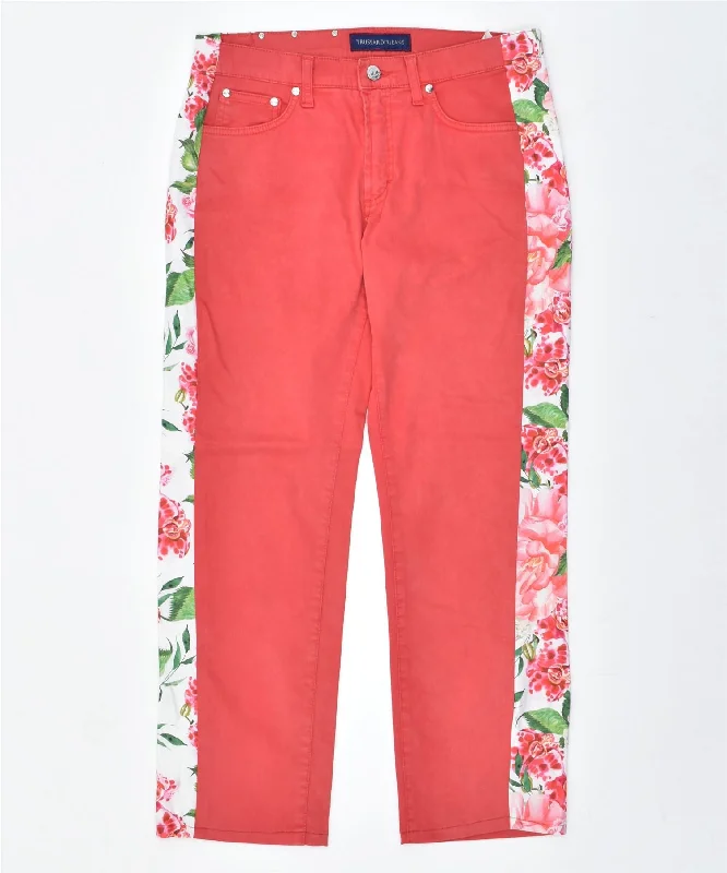 TRUSSARDI Womens Straight Casual Trousers W25 L27 Red Cotton Flower Trousers fashionable trendy