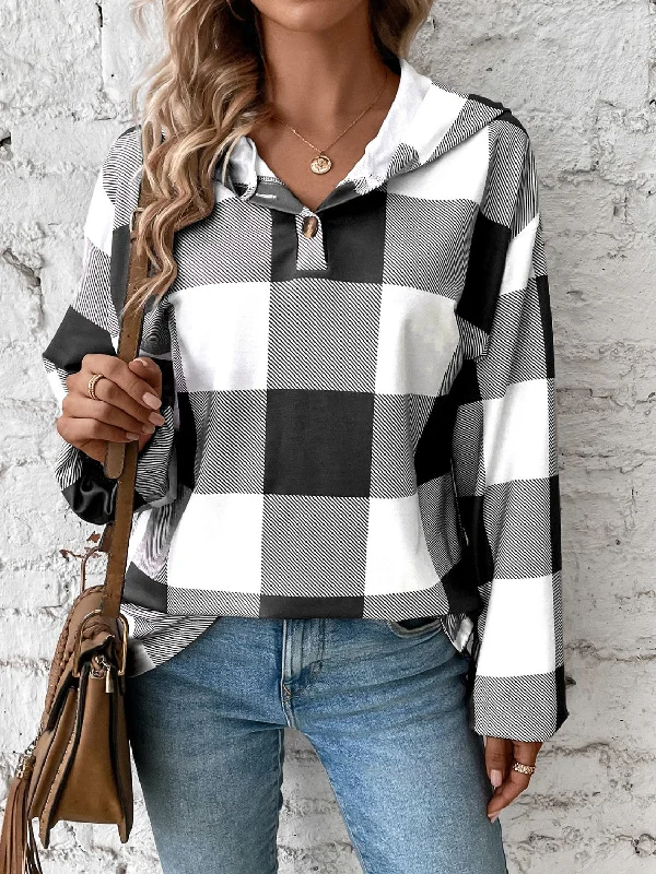 Hazel Blues® |  Plaid Dropped Shoulder Long Sleeve Hoodie Hoodie with Distressed Vintage Worn