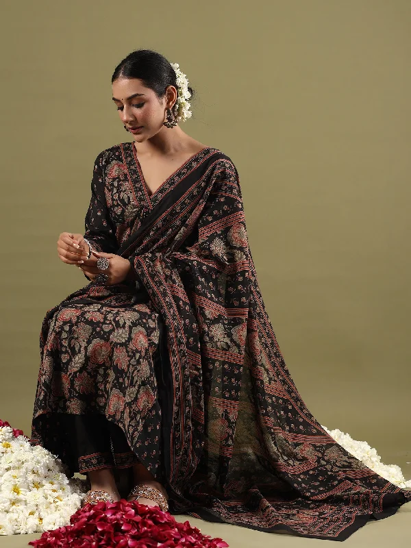 Women's Black Printed A-Line Kurta Trousers With Dupatta Set - Indo Era Trousers Gym Athletic Women's Black Printed A-Line Kurta Trousers With Dupatta Set - Indo Era Trousers Gym Athletic