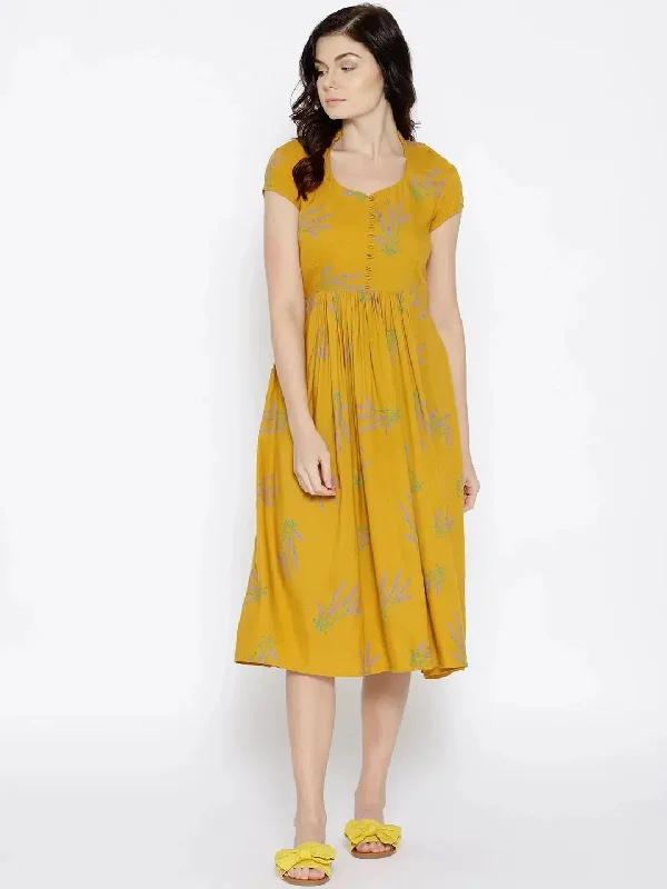 Midi pleated dress with lavender print on Mustard Tunics Hiking breathable