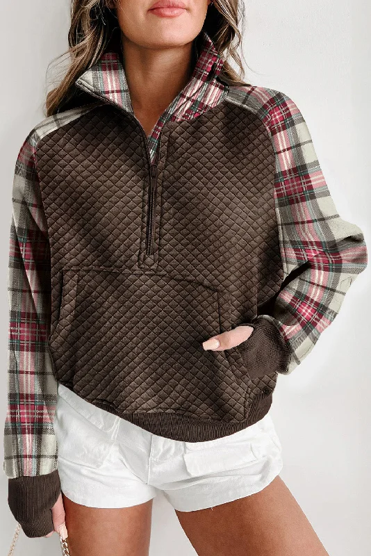 Hazel Blues® |  Plaid Half Zip Long Sleeve Sweatshirt Hoodie with Distressed Vintage Worn