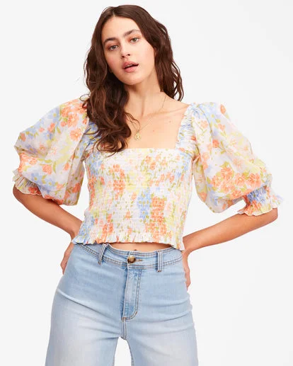 Billabong Feeling Groovy Puff Sleeve Crop Top Fleece Nylon Spandex