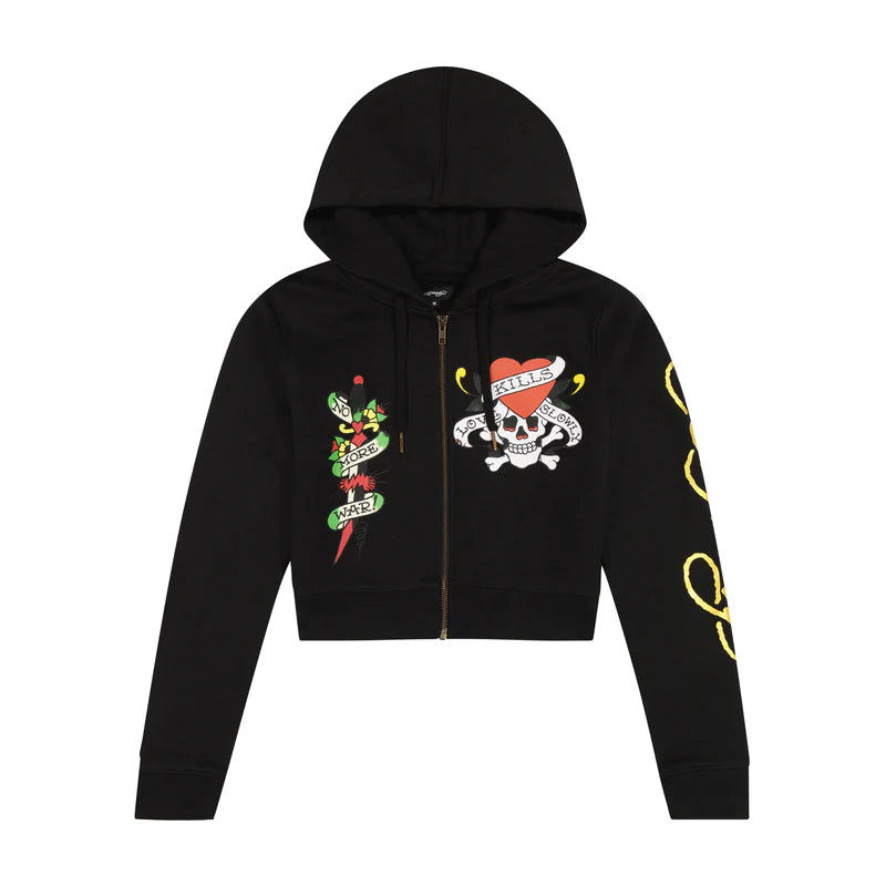 ED HARDY LKS Skull Black Zip Front Cropped Hoodie Hoodie with Button Placket Classic Preppy