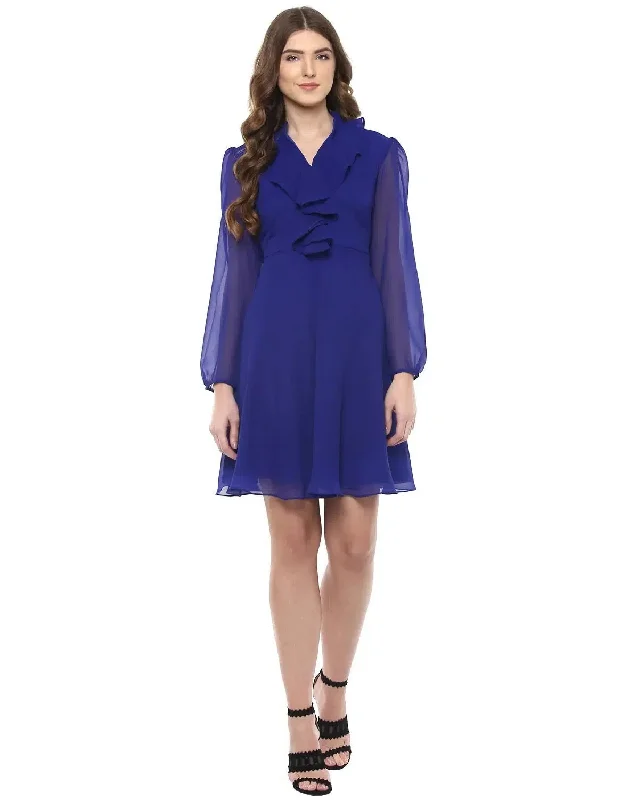 Frill collar Flare Dress in Blue Tunics Fleece cozy